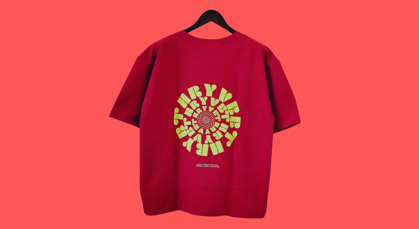 Poppy Red Unisex Oversized T-Shirt – Bold Spiral Print | ₹549 (₹100 Off)