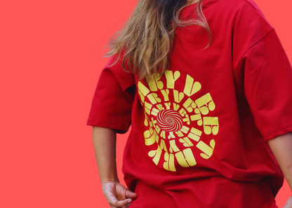 Poppy Red Unisex Oversized T-Shirt – Bold Spiral Print | ₹549 (₹100 Off)