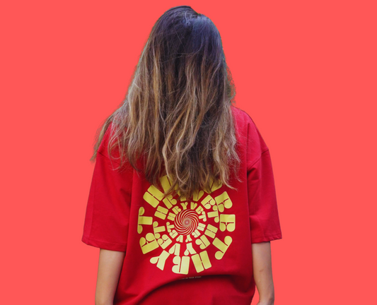 Poppy Red Unisex Oversized T-Shirt – Bold Spiral Print | ₹549 (₹100 Off)
