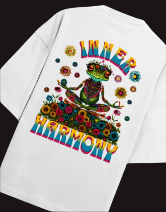Inner Harmony: Meditative Frog Blooms" | Thryve Premium Oversized Tee White
